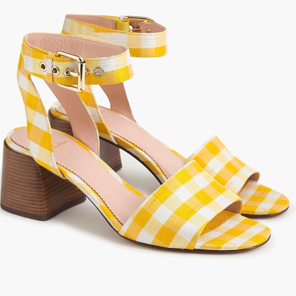 J. Crew Yellow and White Gingham Ankle-Strap Block Heel Sandals